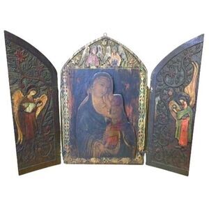Antique Russian Christian Orthodox Triptych Icon Mother Virgin Madonna Jesus